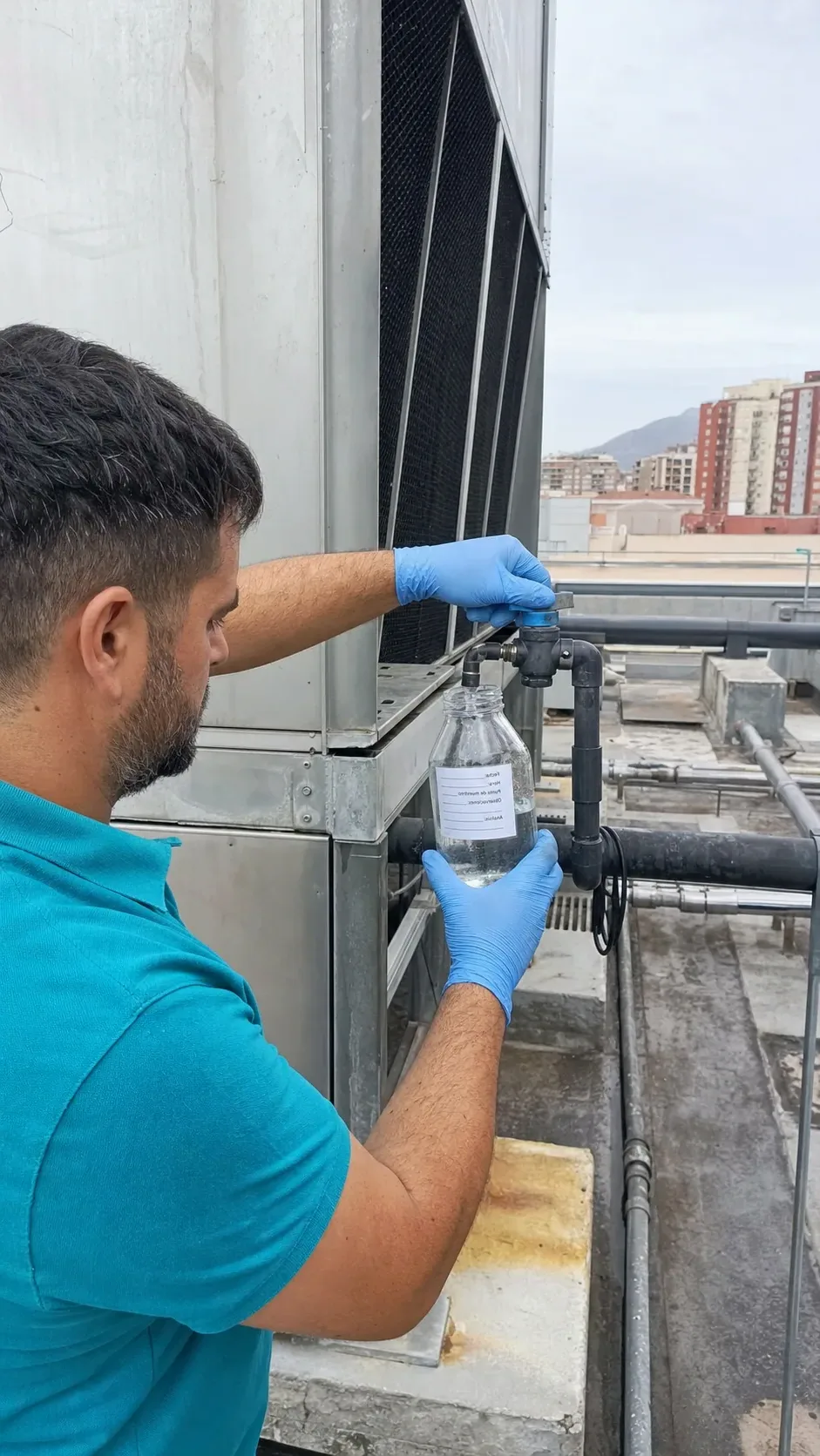Técnico tomando muestras de agua para el control de legionela